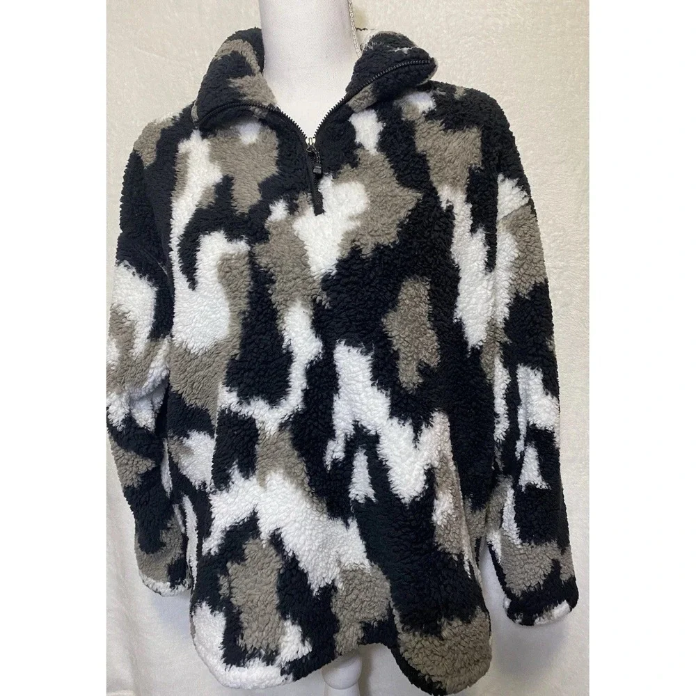 Eddie Bauer Fleece Pullover Women Size XL Black Camo Plush 1/4 Zip Soft Jacket